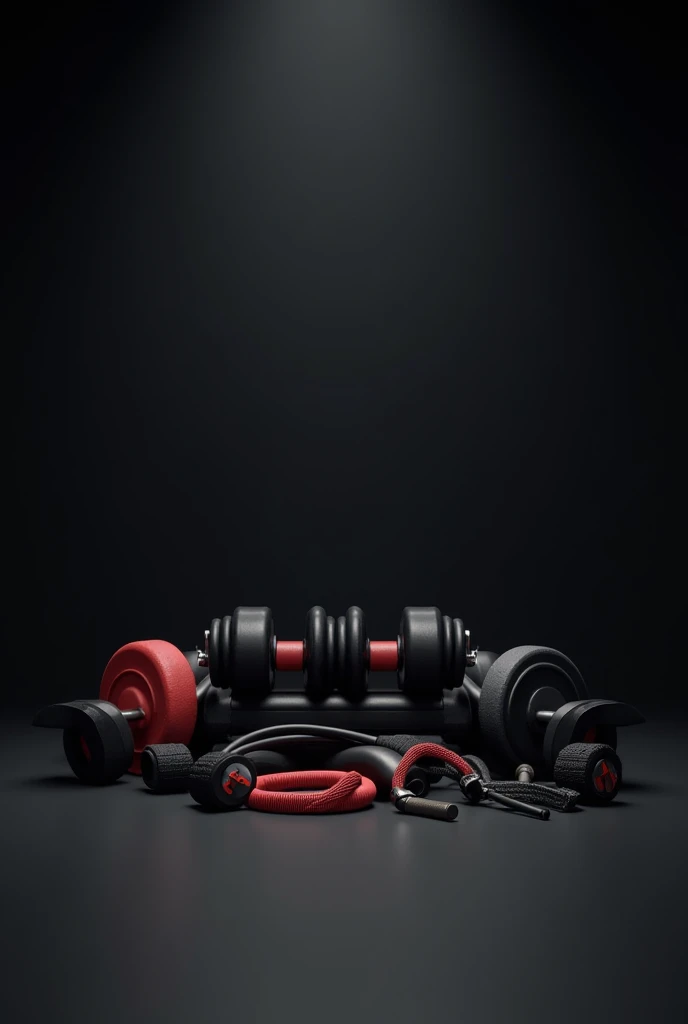 Create an image with a black background of gym products for an online store album cover