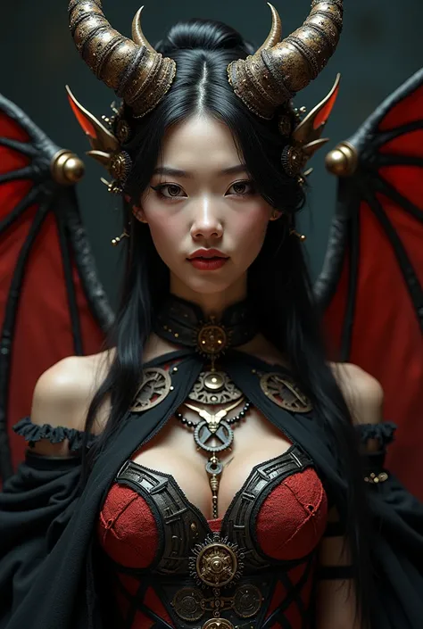 steampunk, asian woman, steampunk demon horns with gears, glowing eyes, black and red steampunk dress with gears, steampunk bat wings