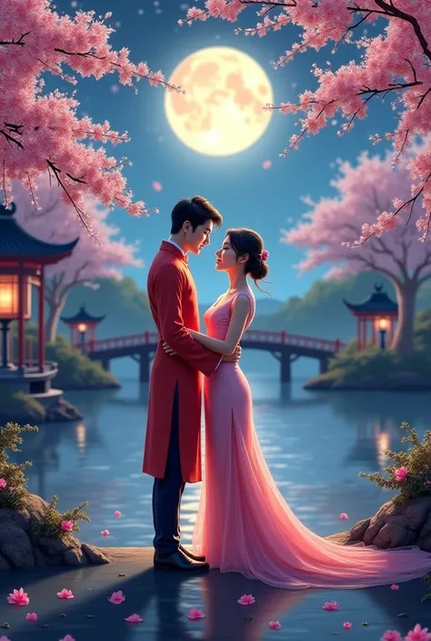 Create a romantic couple in China romantic place in night