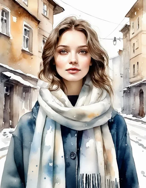  light wet watercolor spots on a white background.  simple watercolor drawing . light grunge .  scuffs and scratches .  wet on the wet .  smudges and granulation . gently.  Transparent . airy. 

winter.  Russian beauty in a Pavlovo Posadsky shawl .  agains...