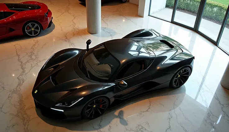 "A luxurious showroom with polished marble floors and a modern architectural setting. The AutoNextGen Ferrari Roma 2025 in gleaming black is captured from a top-down angle, showcasing its streamlined roofline, elegant curves, and precise craftsmanship. The...