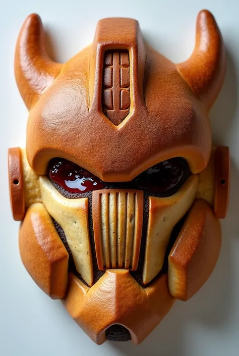 Bread made in the shape of a heros giant robot head.
It is accented with cocoa powder and cranberry jam.
The robots head is shaped like a helmet with a large visor. There is a grill and energy tube at the mouth of the head. The design prioritizes aerodynam...