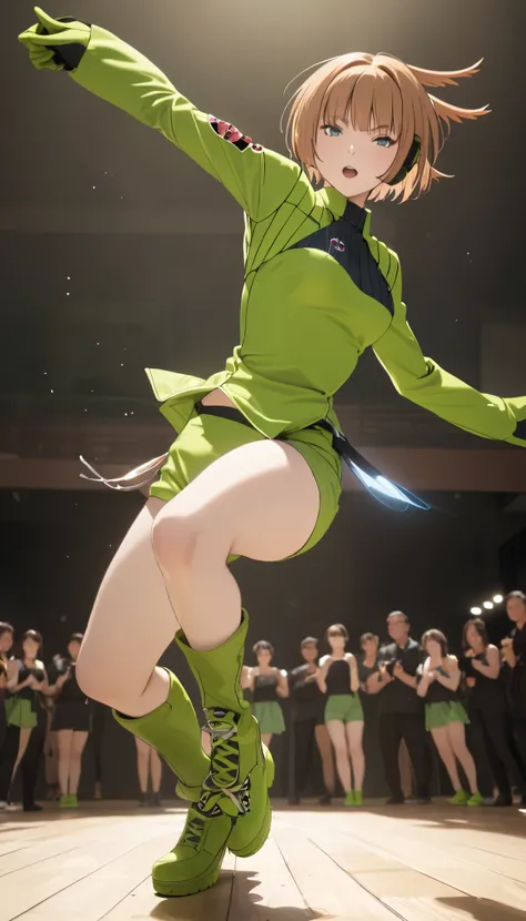 Konami,live-action、 real、 1 girl,  looking at viewers,  green jacket ,  gloves,  Green Shorts , green footwear, Moderate bust、masterpiece, top quality , Dynamic Poses、Dance performance