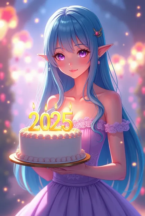 EStiló anime mujer adulta,de peló largo color cielo brillante  con laS puntaS moradaS y don mechoneS en frente, orejaS de elfo, con loS ojoS color morado brillante,S,ella aparenta máS edad como unoS 23 añoS, con un  hermoSo veStido elegante color morado cl...