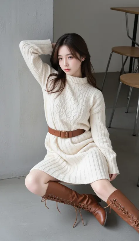 This is a photograph of a young Asian woman with a fair complexion, sitting against a grey concrete wall in a minimalist, indoor setting. She has long, dark brown hair that cascades around her shoulders, framing her face. Her expression is neutral, with a ...