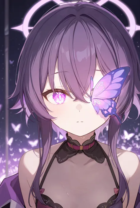 Blue archive styles, a girl in purple hair and purple eyes, butterfly at eye, glowing purple butterfly