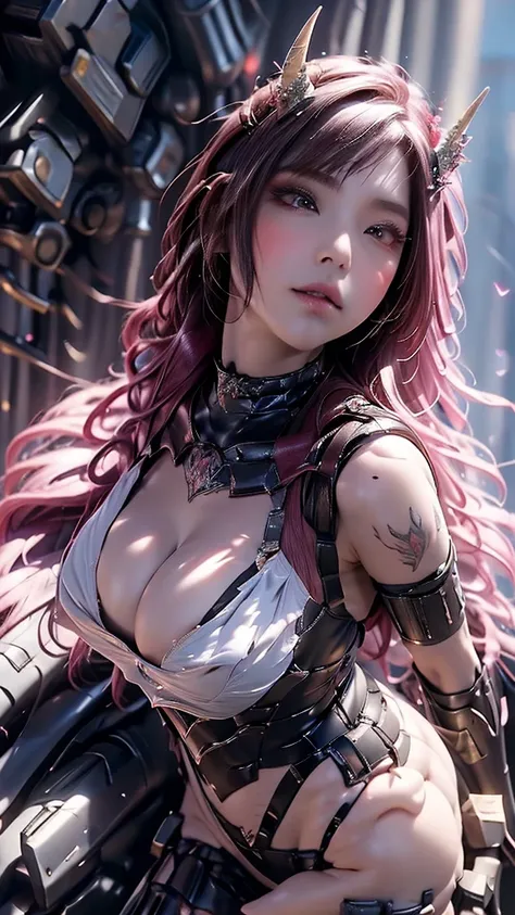 （（I can see the castle 、tooth、 dragon 、A woman with a very beautiful face、））、Demon Princess、 big weapon、Glowing tattoos on the body、Demon Armor、spiky string leotard、Cape、Devils Helmet 、Demon Aura、wing、 composition from below、 Skull、snake、Lizard、 monster 、