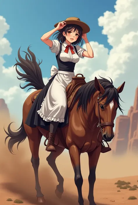 make me an image of an anime girl in a maid outfit with big bust and a big behind in reverse cowgirl position bouncing on a horse dildo