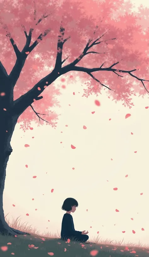 A person sitting under a blooming cherry blossom tree, petals falling gently, surrounded by an empty park, minimalistic pastel tones, spring loneliness theme.