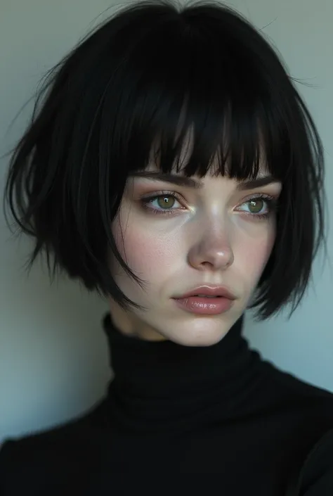 A lady with pale skin, hazel eyes, short black hair, masculine haircut. Shoulder length hair.