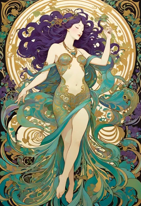  Hallucinatory, Tsuruta Ichiro Style Beauty Painting , Hypnotic Patterns , Abstract, Euphoric,  Fluid Shapes , Art Nouveau Painting ,  jewelry, Grape, Thanksgiving,  flat illustration .  negative space in the shape of a dancing womans body. goddess, whole ...