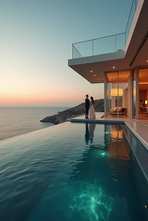 SELFIE PHOTO OF MODEL CELEBRITY COUPLE IN,  A Modern Luxury Mansion , Infinity pool, Sea view,  Floor-to-ceiling windows ,  Stylish Luxury Interior Design, realistic, 【8k,  top quality , masterpiece,  Highly Detailed ,  Dramatic Lighting , Movie,  Beautifu...