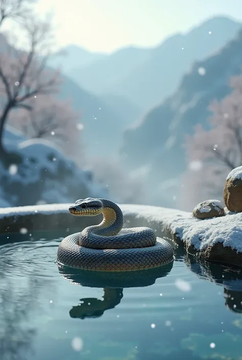 Create a python relaxing in a hot spring and enjoying the New Year holidays.