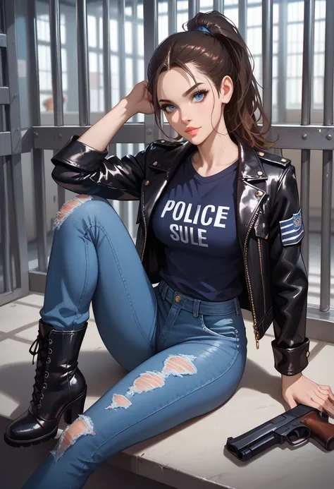 A young woman, athletic build, medium breasts, blue eyes, dark brown hair with a ponytail and two strands of hair on her forehead, wearing a dark blue t-shirt, a wine-colored leather jacket, blue jeans, military boots, with a gun in her right hand, a gaunt...