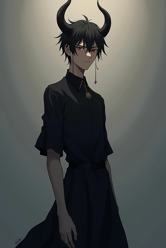 I want an anime-style picture of a tall and skinny young man who looks sad and has two short horns and wears a black dress and his facial features are nice and serious and make his manly features indicate his strength