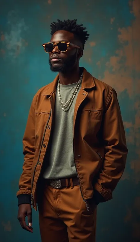 jeune homme noir africain, wearing modern clothes of singer of the good drip, Very realistic abstract studio photo background, fantaisique, Shot with a professional camera with moderate depth of field, corps complet