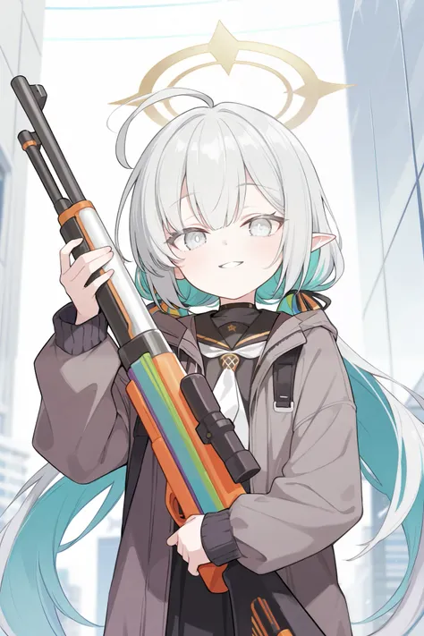 Blue archive styles, a girl in rainbow hair and white eyes, cheerful, hold rainbow gun