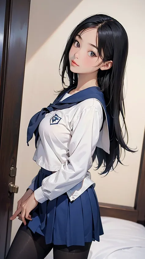  is completely anatomically correct,  Two Anime Beautiful Girls (((School Uniform, Black Pantyhose))), Big breasts, video, Black Hair,  inviting, top quality,  textured skin, 細い足 