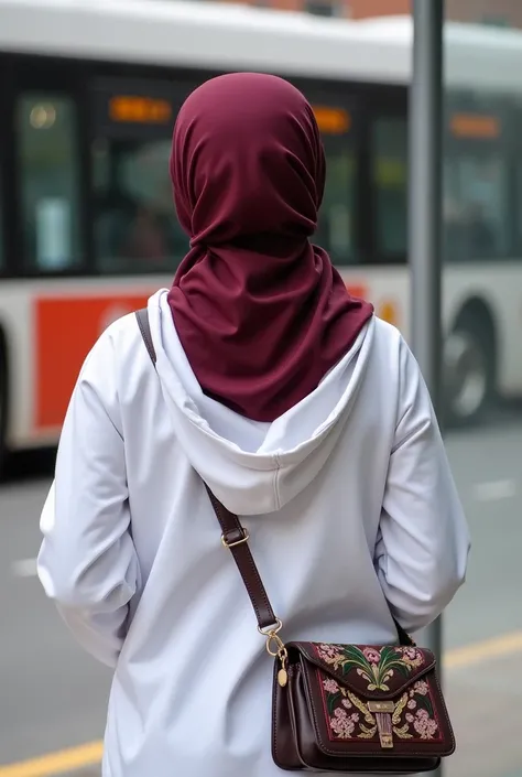 The image shows a young woman wearing a maroon hijab and a white hoodie. Shes carrying a small embroidered handbag and is standing at a bus stop. A bus is visible in the background, slightly out of focus. The overall style is modest and casual.