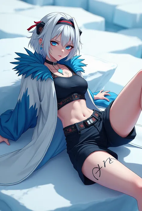 masterpiece, best quality, Ninja anime art style, Feminine Androgynous, monochrome face make up,  Soft messy short White Hair, Serious expression on face, Ice Blue Eyes, blue and red Headband, pale skin, shoulder length hair between eyes, white and blue go...