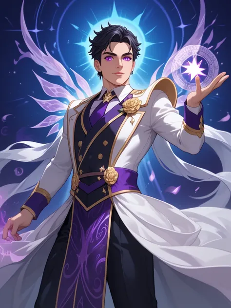 The male dark realm ruler exudes an aura of ominous power and regal authority. His pale, almost alabaster skin contrasts sharply with his long, flowing jet-black hair, which cascades down his shoulders in smooth, sleek waves. His piercing purple eyes glow ...