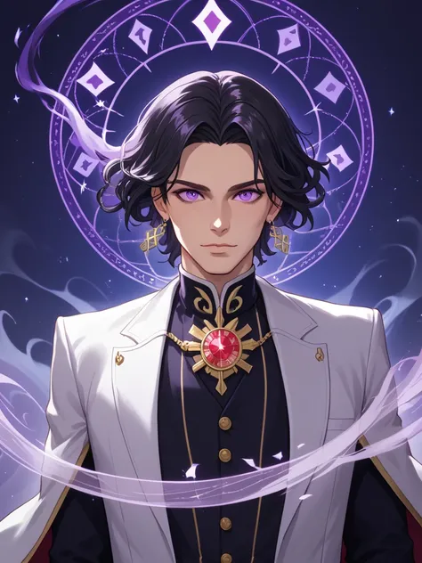 The male dark realm ruler exudes an aura of ominous power and regal authority. His pale, almost alabaster skin contrasts sharply with his long, flowing jet-black hair, which cascades down his shoulders in smooth, sleek waves. His piercing purple eyes glow ...