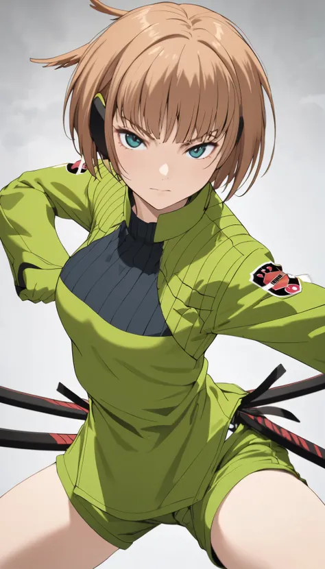 Konami,live-action、 real、 1 girl,  looking at viewers,  green jacket ,  gloves,  Green Shorts , green footwear, Moderate bust、masterpiece, top quality , Dynamic Poses、Karate Kata