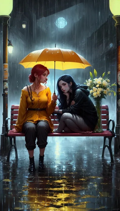 there is a painting of a couple of girls sitting on a bench under an umbrella, charlie bowater and tom bagshaw, charlie bowater and artgeem, after rain and no girls, neoartcore and charlie bowater, by Cyril Rolando, under rain, cyril rolando and m.w kaluta...