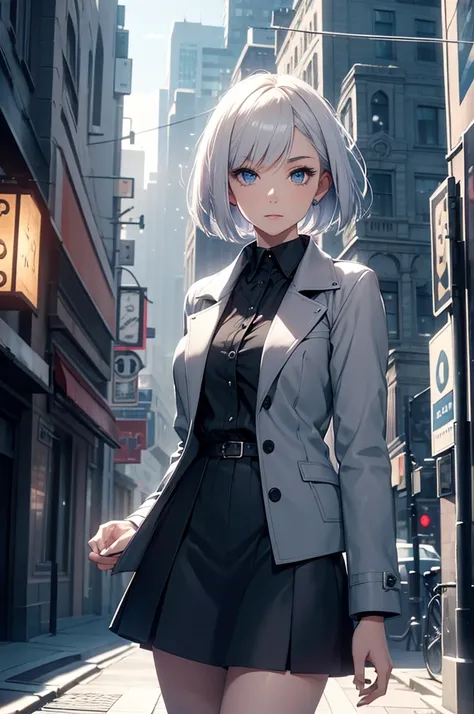 beautiful girl short height, with short white bob hairstylr, black ribbon in hair, blues eyes, , wearing a grey coat with buttons with a collar and black shirt underneath, Gray skirt with black cloth over it, hyperrealistic, highly detailed, 8k, photoreali...