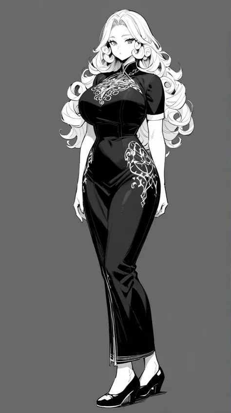 (((Highest Quality))), (Simple background), monochrome, single, 1 woman, curvy, curly hair, long hair, white hair, intricate clothes, fullbody, standing,  3/4, teacher,