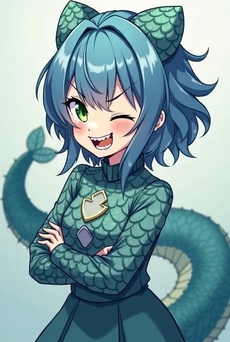 A blue haired petite anime girl with a seven foot sea serpent tail and scales on her neck and wrists. Green eyes half closed with a malicious grin. The tail is thick but gets tinner the closer it gets to the tip. Has sharp teeth.