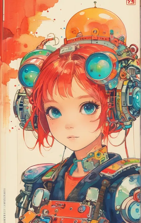 On a bright red campus"YES"Character、A colorful and dreamy anime-style illustration of a young girl with short red hair, sitting amidst a vibrant, mechanical landscape. She is wearing a casual outfit with mechanical leg armor, surrounded by a kaleidoscope ...