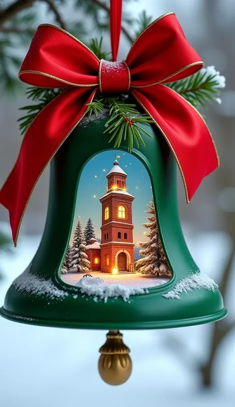 One green bell is protected by a large large red bow and green twigs.  Inside the bell winter landscape The bell tower is a pendant on a red ribbon . Wokół niej pojawia się magiczny pył i zapłonka. Mandatory festive winter atmosphere 