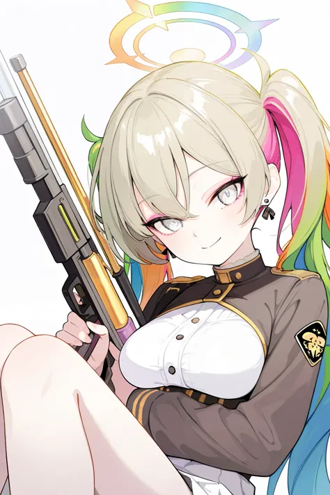 Blue archive styles, a girl in rainbow hair and white eyes, cheerful, hold rainbow gun, twintails, medium breast, rainbow hair, earrings, pink eyeshadow, High Resolution, 