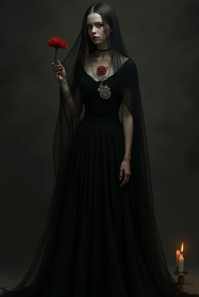 I want a girl in a black veil and a black dress with a red flower with a candle in her hand 