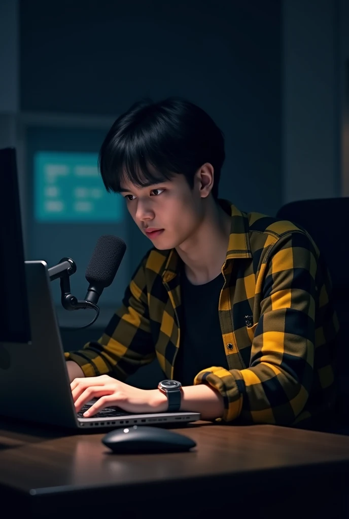 
A 21 year old boy is sitting in front of a computerdesk witha mic and a laptop. He is wearing ablack and yellow checked shirt and has black hairagainst a black themed background.