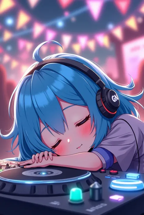 Create cute anime dj girl with blue hairsleeping at the party and saying “GN” word to everyone