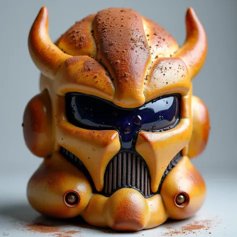 Bread made in the shape of a giant evil robot head.
It is accented with cocoa powder and blueberry jam.
The robots head is shaped like a helmet with a large visor. There is a grill and energy tube at the mouth of the head. The design prioritizes aerodynami...