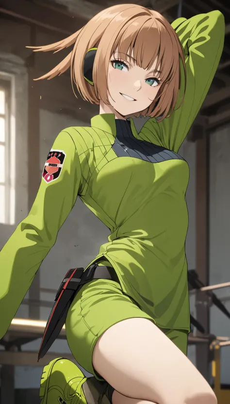 Konami,live-action、 real、 1 girl,  looking at viewers,  green jacket ,  gloves,  Green Shorts , green footwear, Moderate bust、masterpiece, top quality , super face up looking at the viewer、 gentle smile