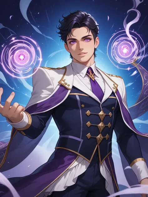 The male dark realm ruler exudes an aura of ominous power and regal authority. His pale, almost alabaster skin contrasts sharply with his long, flowing jet-black hair, which cascades down his shoulders in smooth, sleek waves. His piercing purple eyes glow ...