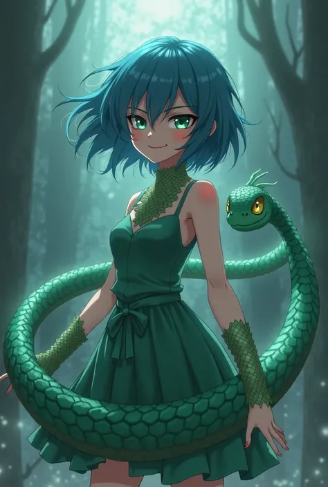 A blue haired petite anime girl with a seven foot sea serpent tail and scales on her neck and wrists. Green eyes half closed with a malicious grin. The tail is thick but gets tinner the closer it gets to the tip. Has sharp teeth.