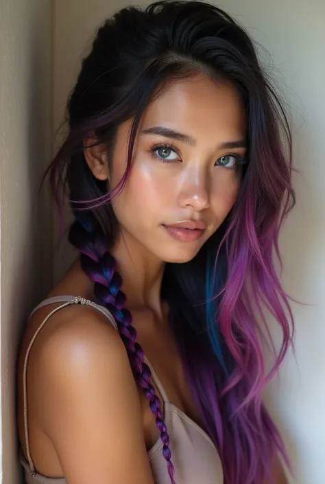  is a woman with Hawaiian braids strung on one side of her hair ,  a young Korean woman is seen beautiful long straight hair color violet with blue and red highlights ,  blue eyes leaning against the wall and a young Puerto Rican muscular boy of 24 years o...