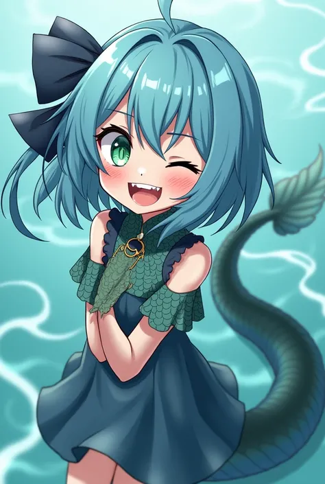 A blue haired petite anime girl with a seven foot sea serpent tail and scales on her neck and wrists. Green eyes half closed with a malicious grin. The tail is thick but gets tinner the closer it gets to the tip. Has sharp teeth.