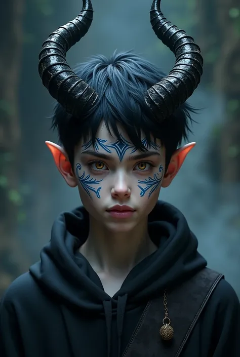 Black-horned demon male boy,  Short black hair, honey-colored eyes and blue marks on the face