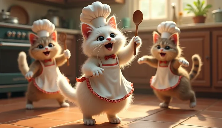 A white cat is dancing in the kitchen wearing an apron and a chefs hat, holding a spoon in his hand. Two other cats are dancing in the kitchen wearing aprons and chefs hats.