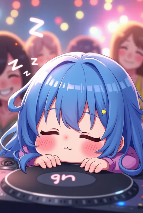 Create cute anime dj girl with blue hair sleeping at the party and theres “zzzzzz” in her head and  “GN” word at her mouth