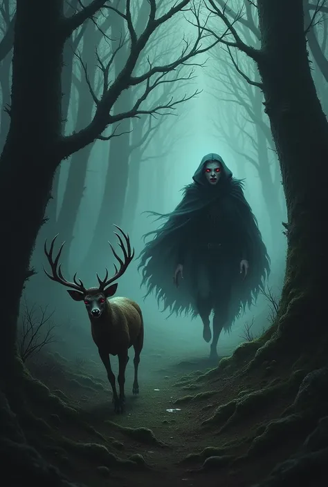 Vampire chasing a deer in the forest 