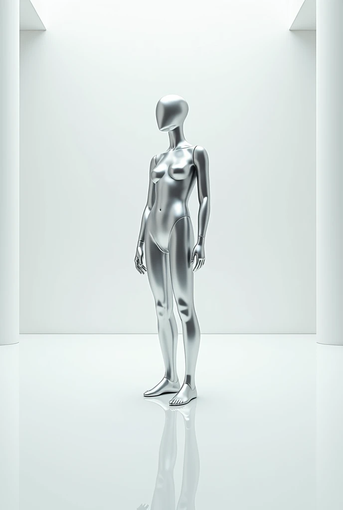 I want you to make a realistic image of a silver mannequin in an empty, white room with a reflective glass floor.