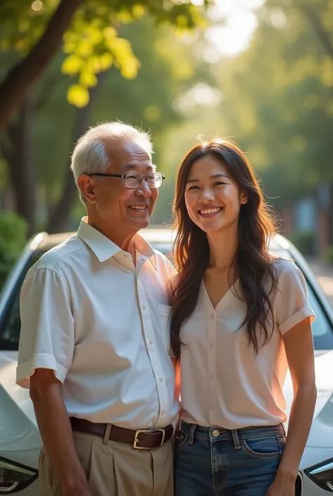 It is a virtual photo with vivid facial details of ,A beautiful Thai student, she smiled at her 72-year-old father who delivered her in a good mood while standing in front of her beautiful car.