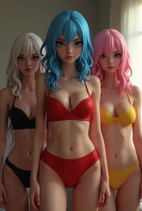 3 girls star in the movie, В профиль, 

1. Black short latex bra, panties, blue hair, Большая грудь, open chest

2.  Red short latex bra, panties, pink hair, Большая грудь, open chest

3. Yellow short latex bra, panties, white hair, Большая грудь, open che...